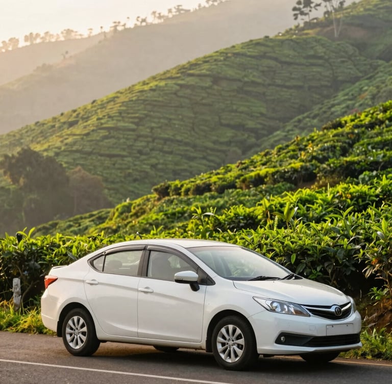 A clean white air-conditioned sedan parked along a scenic, mist-covered mountain road in Munnar, soft morning daylight, lush tea estates in the background