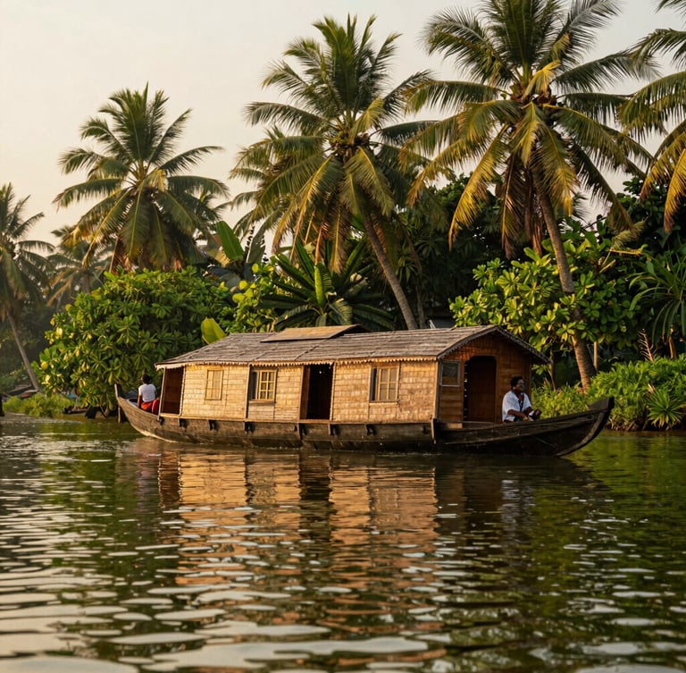 Wide environmental shot of a couple on a traditional wooden houseboat deck in Kumarakom backwaters, soft golden-hour tropical daylight, rich saturated greens