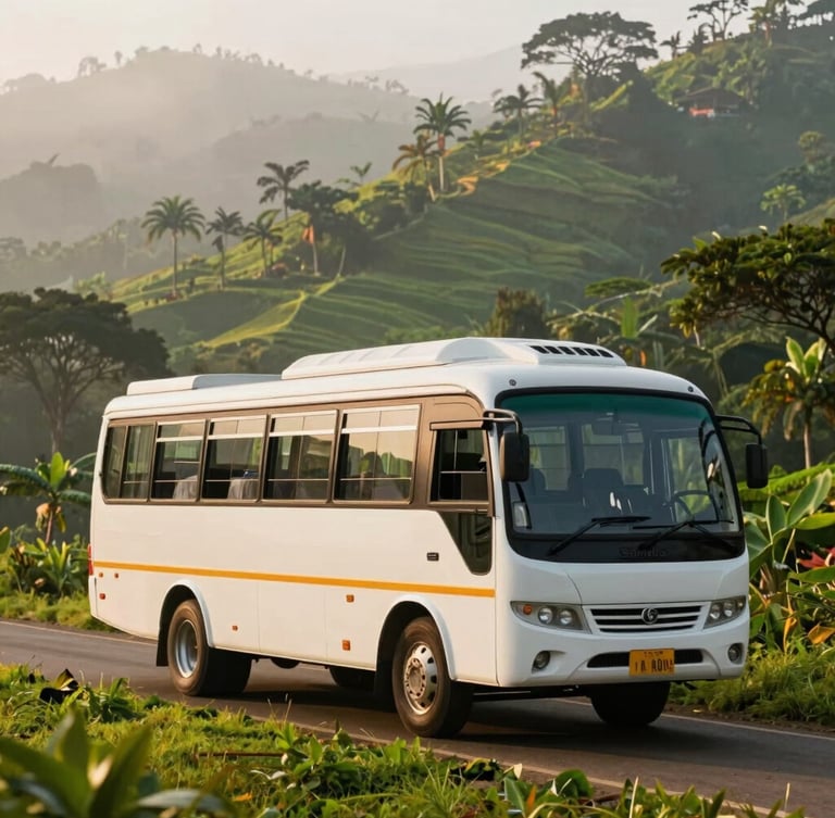 A clean white passenger coach parked near a misty Munnar hillside, soft morning light, rich green foliage, editorial travel photography.