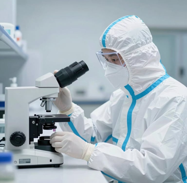 A professional clinical laboratory technician in protective gear analyzing samples under bright, clean cool-toned daylight.