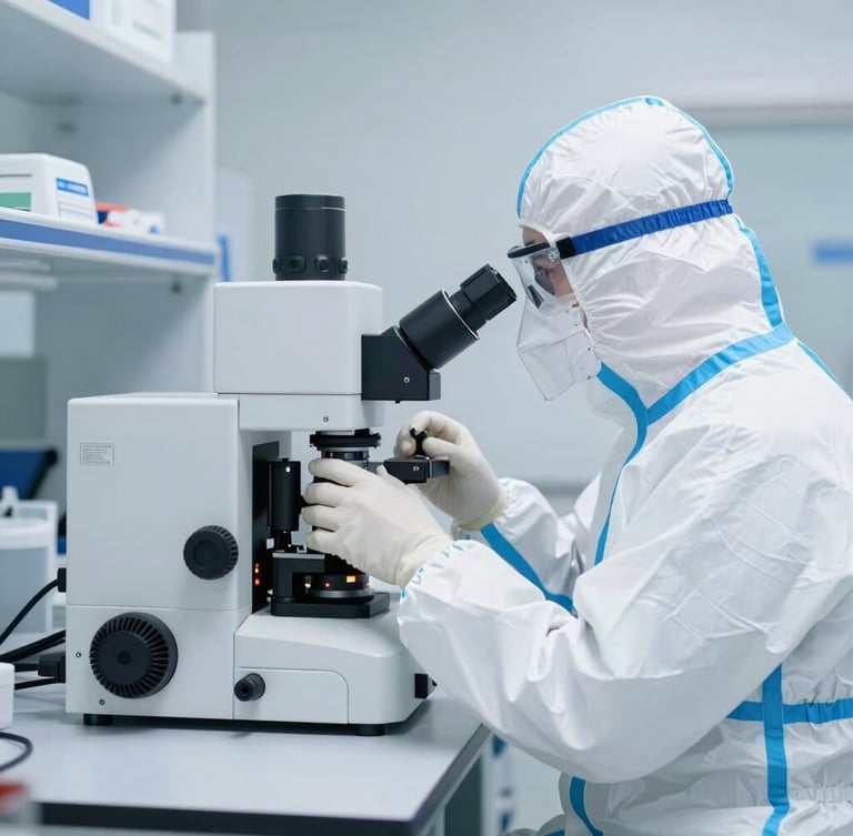 Focused medical technologist in protective gear calibrating high-complexity scientific instruments in a sterile white laboratory, bright cool daylight