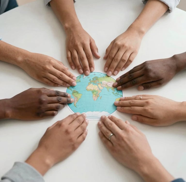 Primer plano de manos diversas (africanas y occidentales) unidas sobre un mapa global digital, simbolizando colaboración en salud y tecnología, con tonos cálidos, luz natural y un enfoque suave.
