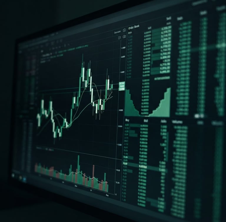 Macro close-up of a premium dark-themed trading terminal interface on a high-end monitor, displaying multiple charts and an order book with subtle emerald green highlights, shallow depth of field, moody low-light environment.