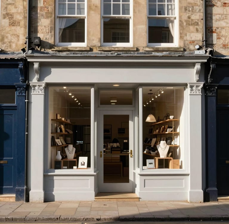 A crisp, straight-on architectural shot of a boutique craft shop front in a British historic town, natural morning light, sharp shadows.