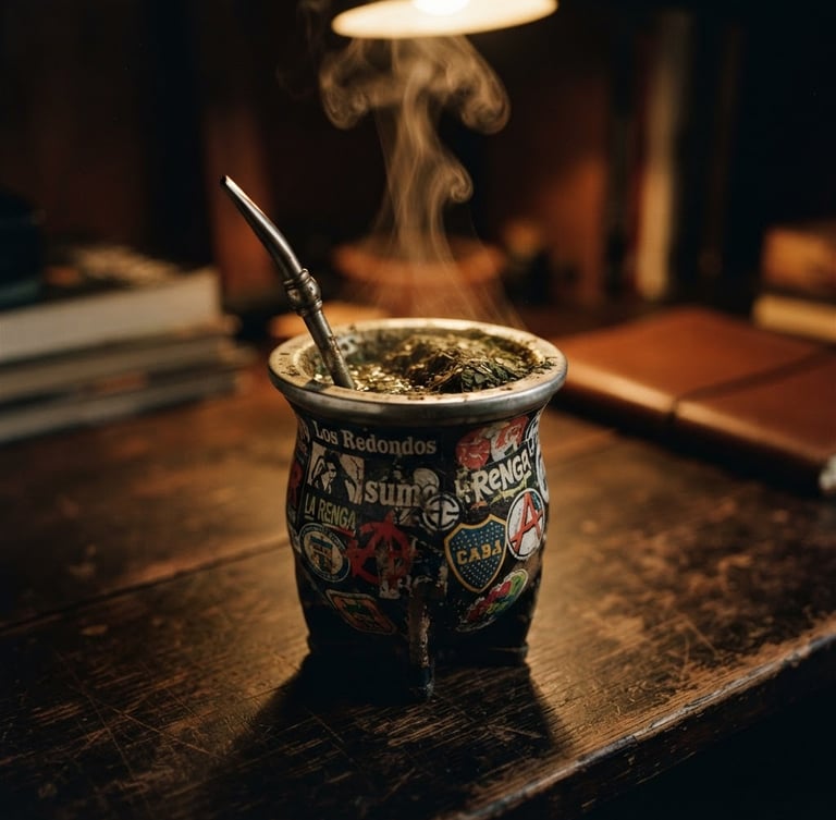 Cinematic close-up of a seasoned mate cup covered in stickers on a dark wooden desk, warm overhead light, steam rising, shallow depth of field, 35mm film grain.