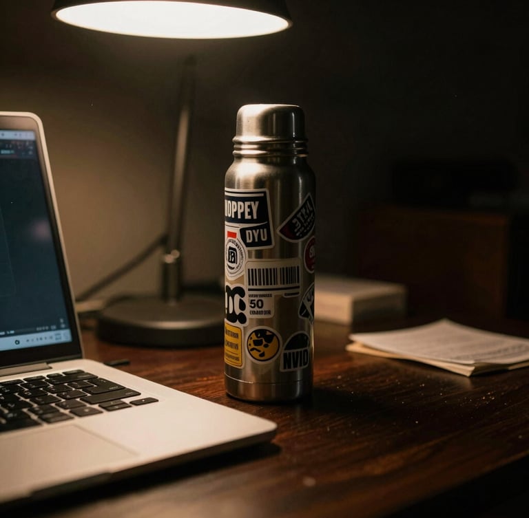 Close-up of a rugged stickered thermos next to a laptop on a messy dark desk, warm cinematic overhead lighting, shallow depth of field.
