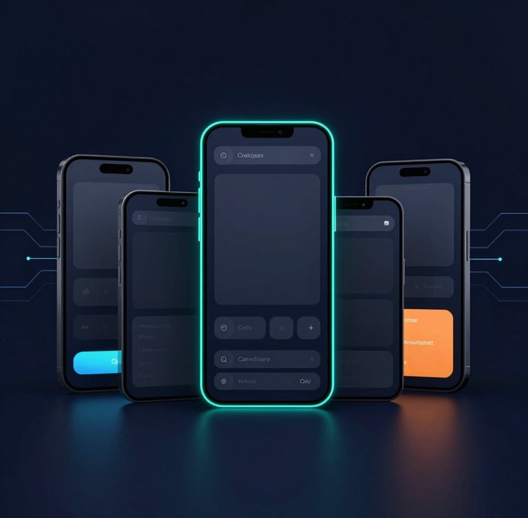 Sleek dark-mode 3D render of clean user interface mockups on modern devices, glowing cyan rim lights, deep navy background, octane render, portrait framing