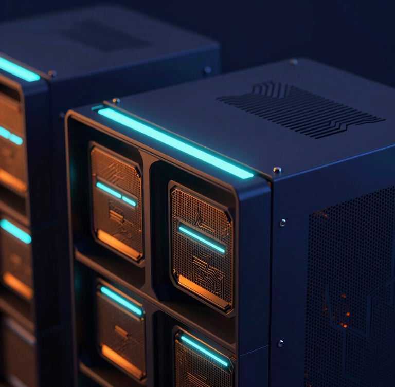 Macro shot of modern server hardware with glowing cyan led lights, deep navy background, sharp neon orange reflections, sleek tech aesthetic