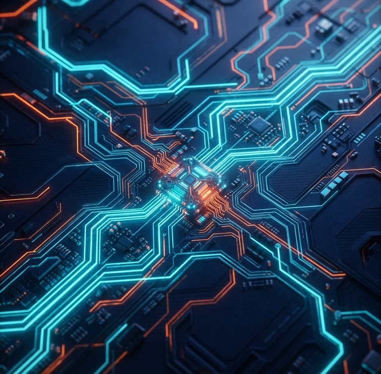 Sleek dark-mode 3D render of glowing cybernetic circuits, electric cyan and vibrant orange neon lines on deep navy background, macro perspective, octane render