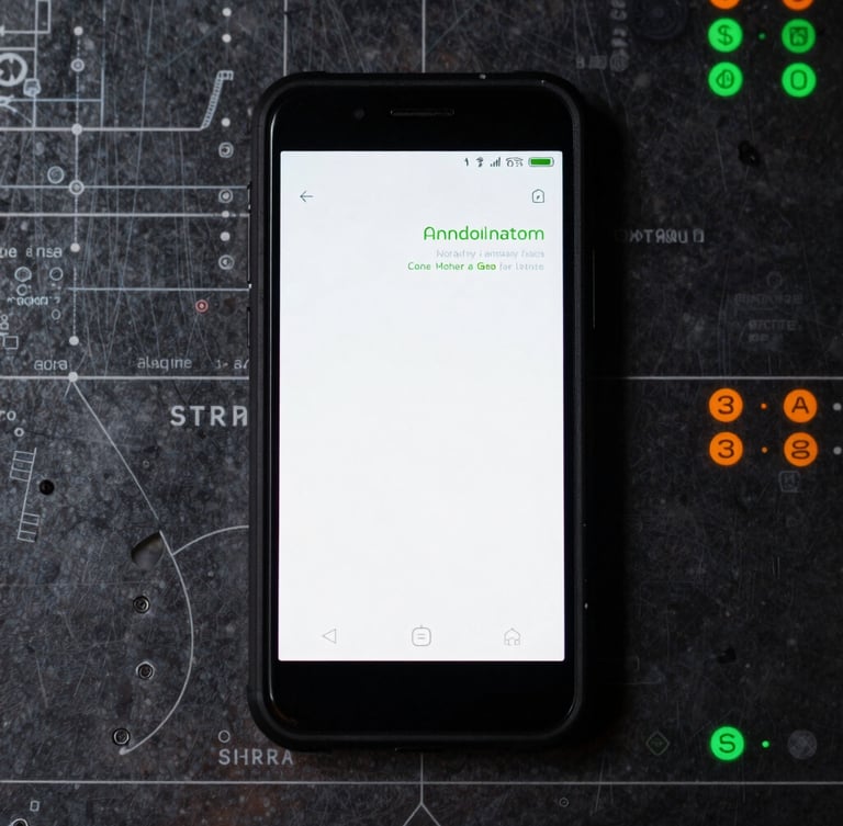 A macro flat lay of a rugged Android phone on a dark metal blueprint table, screen showing a clean terminal-style interface with green text, high contrast