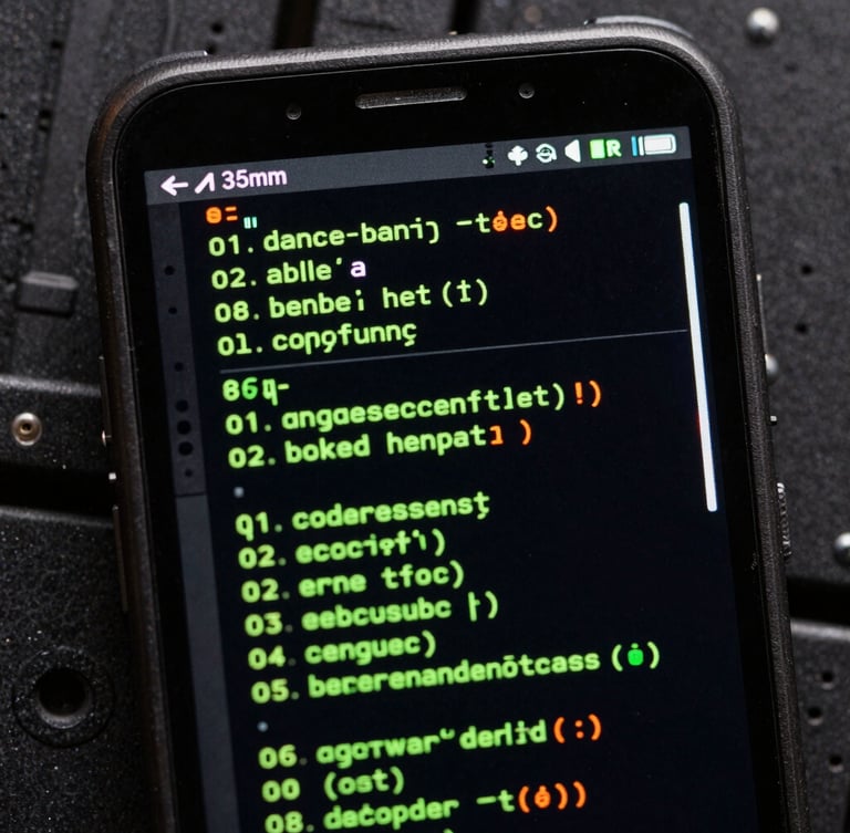 A high-contrast macro photograph of a rugged Android device displaying a terminal interface with green code, dark industrial background, glowing green and orange terminal light, sharp focus on device screen, 35mm