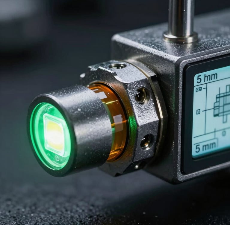 Extreme close-up macro shot of a heavy steel mechanical switch next to a glowing green LED light, dark industrial background, sharp focus, technical blueprint aesthetic, 35mm