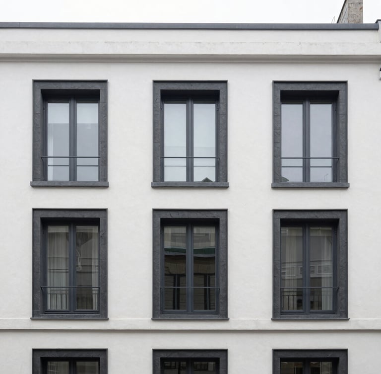 Straight-on architectural elevation of a modern Brussels townhouse facade, crisp white rendering meets dark slate frames, natural overcast daylight, sharp focus