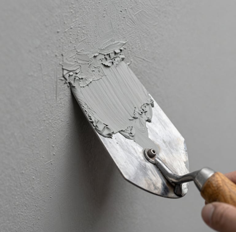 Close-up macro shot of a metal trowel applying smooth grey plaster to a wall, sharp focus on texture, clean lines, natural overcast daylight