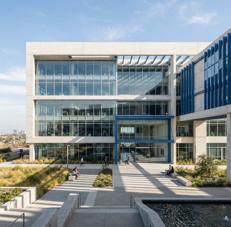 Wide architectural view of a bright, minimalist concrete tech headquarters with floor-to-ceiling windows, cool daylight casting sharp linear shadows, blue accent structural details.