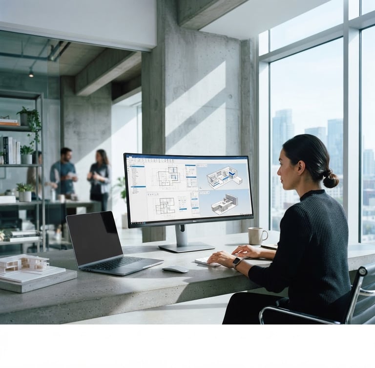 Modern, clean architectural workspace with bright cool daylight and sharp shadows, high-end hardware displaying clean data interfaces on a sleek concrete desk, 35mm lens, crisp blue and white tones