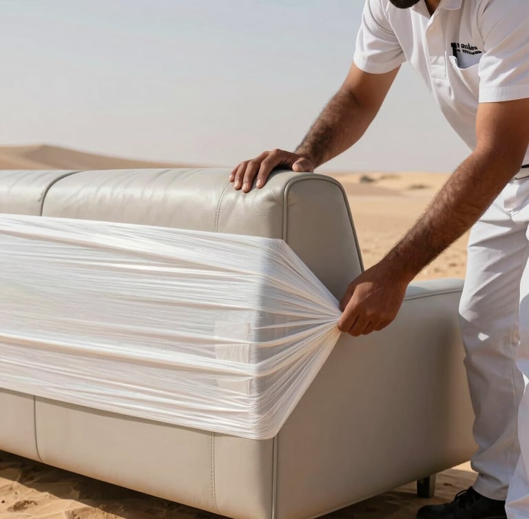 A close-up shot of a professional Al Bahaar crew member in clean uniform securing a leather sofa corner with heavy-duty multi-layer protective wrap, bright natural desert daylight, clean composition.