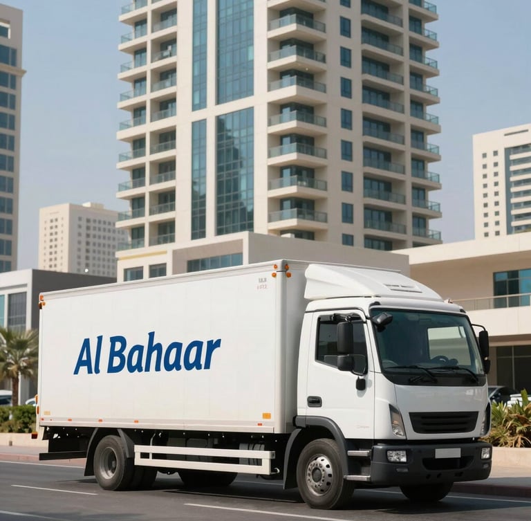 Branded Al Bahaar moving truck parked outside a modern, high-rise residential tower in Abu Dhabi during bright, controlled daylight, showcasing clean logistics execution.