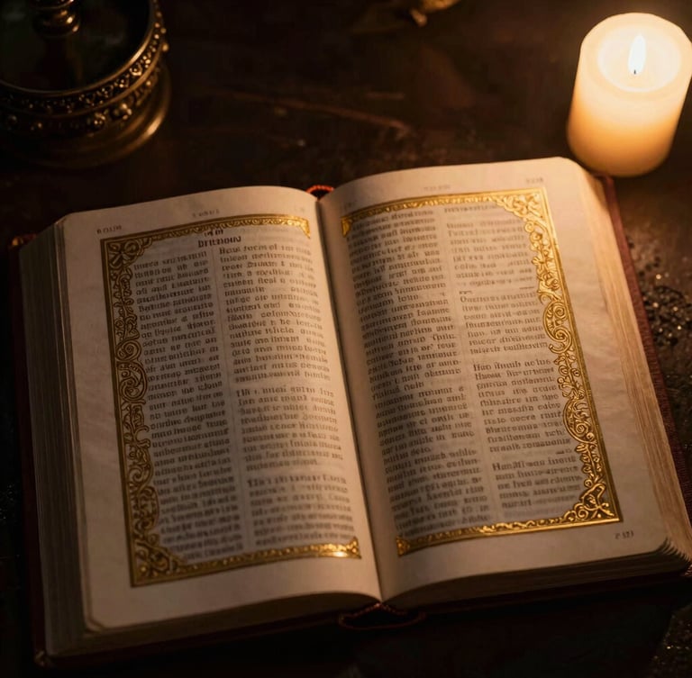 Dramatic overhead macro photography of an open ancient Bible with gold-embossed pages, warm candlelight, deep shadows.