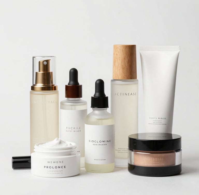 Pristine bulk-packaged luxury cosmetic bottles stacked elegantly on a white marble slab, soft natural window light, deep navy accents, 50mm