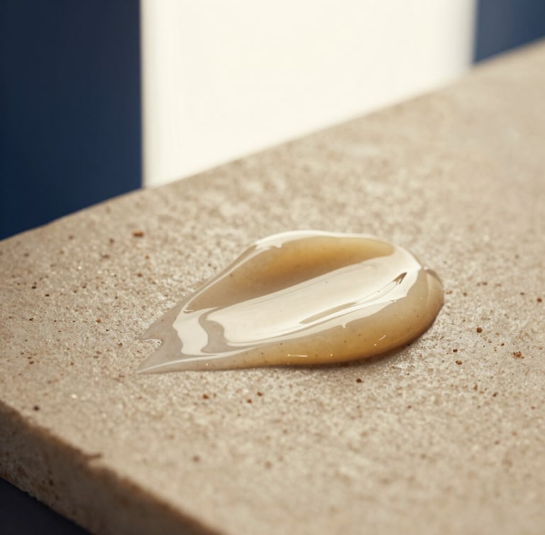 Close-up macro shot of clean serum texture on a textured stone plate, golden champagne lighting, premium editorial product photography