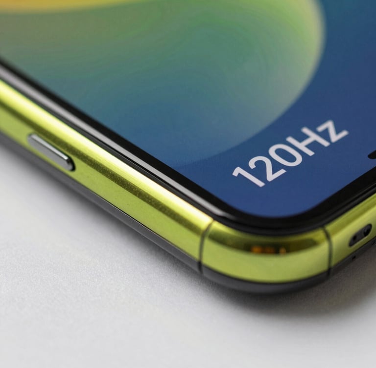 Extreme close-up macro shot of a physical Android phone screen showing a fluid 120Hz UI transition, sharp cyber-lime light reflecting off the curved glass screen edge