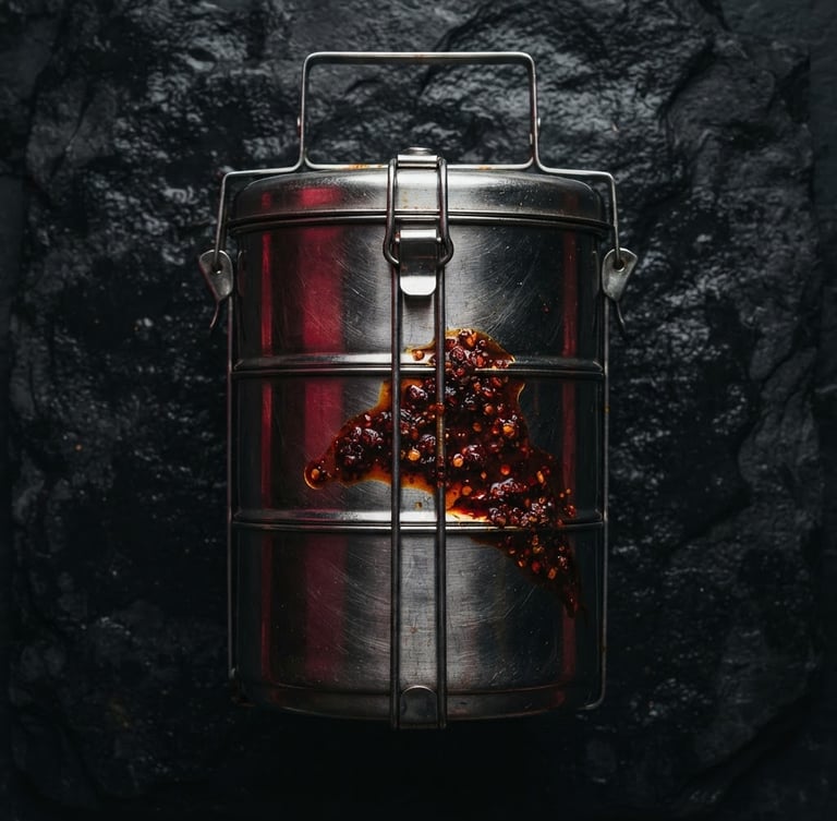 Overhead flat-lay of a three-tier stainless steel tiffin carrier on a dark charcoal stone surface, glistening chili-oil slick on the side, dramatic key light, deep crimson reflections