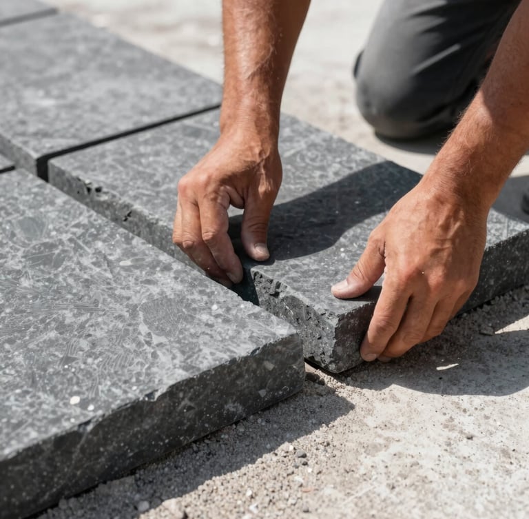Close-up of a contractor's hands carefully aligning a thick charcoal paver stone, showcasing the tight interlocking joints and stabilized sand base, crisp morning light.