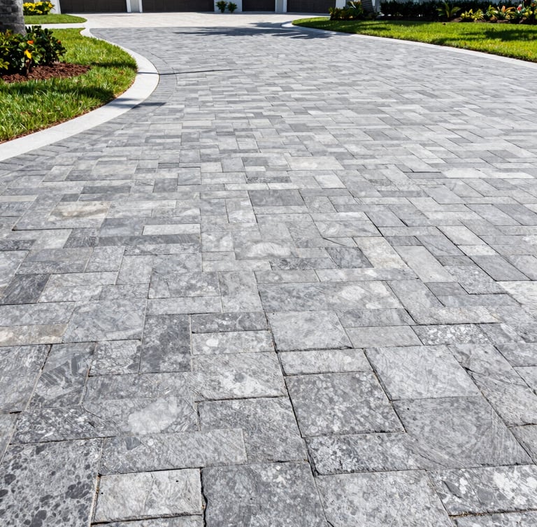 Low-angle wide architectural shot of a newly installed interlocking slate gray paver driveway in Lakewood Ranch under bright Florida sun, clean sharp joints