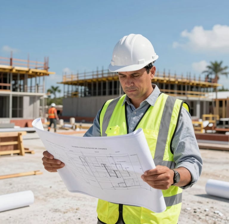 Close-up of a construction manager in clean safety gear reviewing blueprints on an active, organized Tampa commercial job site, bright natural daylight.