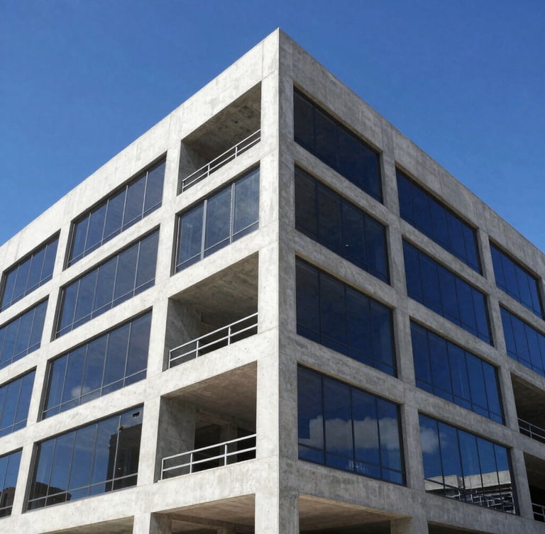 Low-angle architectural portrait of a completed structural project, clean concrete lines, glass facade reflecting bright Florida sun, professional, 35mm lens