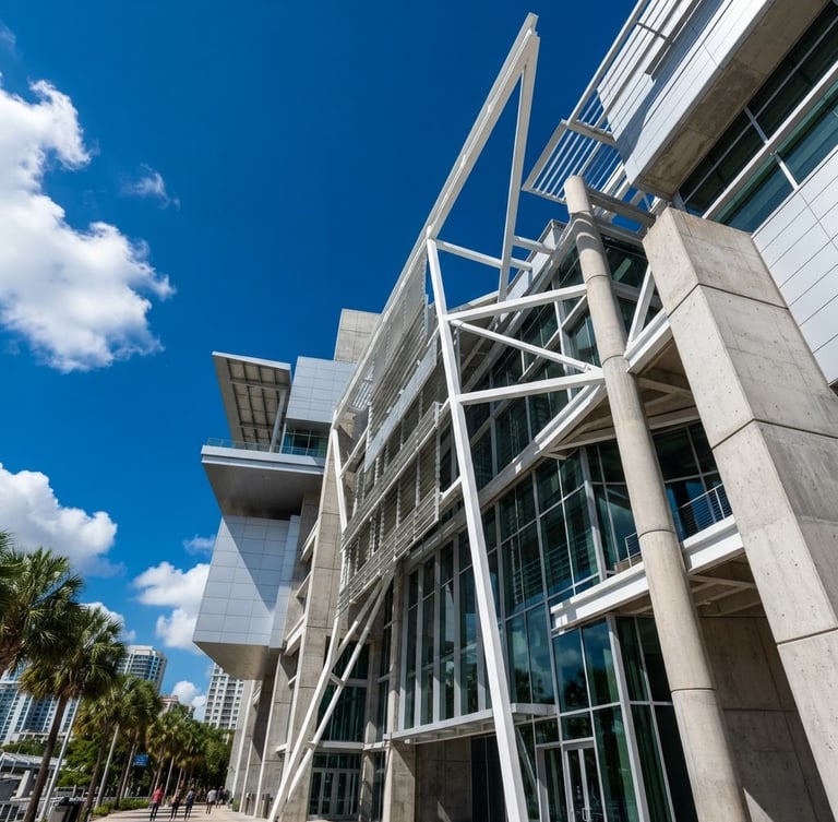 Low-angle architectural shot of a modern steel and concrete structure in Tampa, bright Florida daylight, deep blue sky, crisp lines.