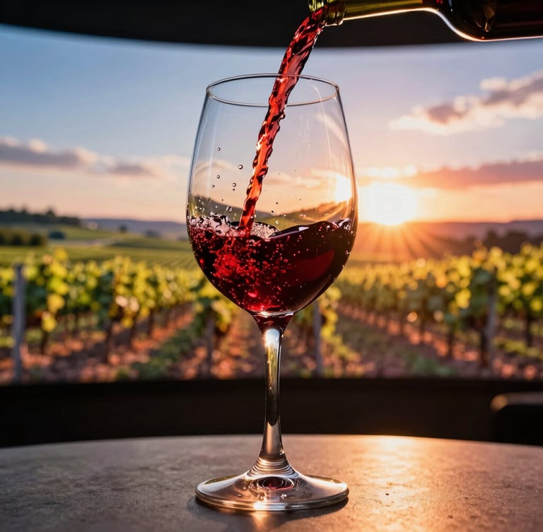 A close-up of a hand pouring red wine into a glass, illuminated by vibrant turquoise and violet light from a digital art projection on the wall, atmospheric low-key photography