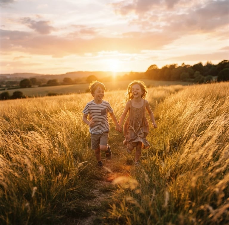 Cinematic wide shot of two young children running through tall golden grass at sunset, warm backlighting, natural lens flare, candid joy, 35mm film look.
