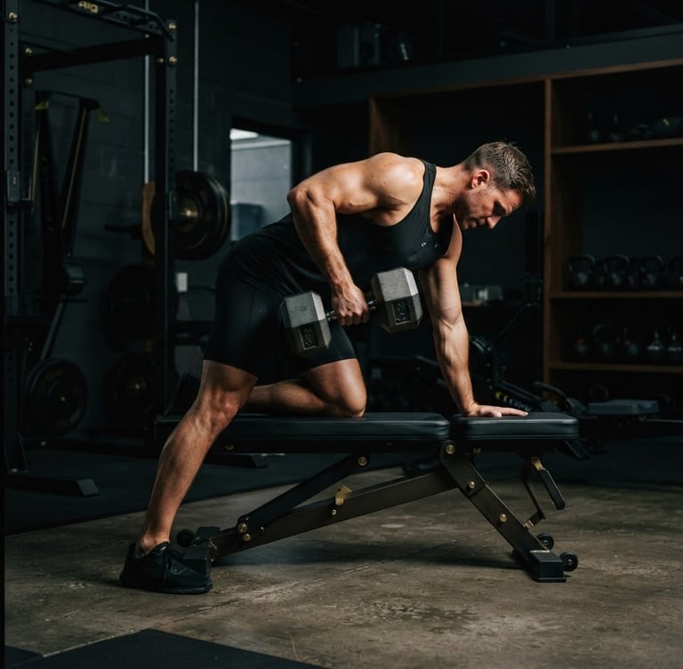 Dark editorial fitness photography of high-end private gym interior with premium black-and-steel equipment, dramatic low-key side-lighting, 35mm