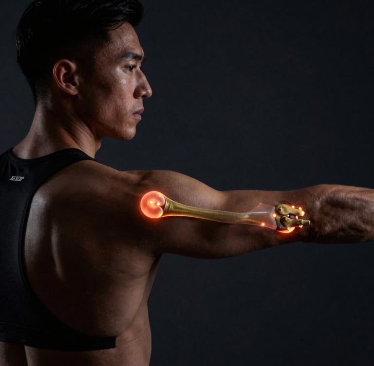 Close-up of a focused athlete undergoing a biomechanical motion capture assessment, glowing infrared markers on joints, dramatic low-key side-lighting, dark charcoal background, 35mm.