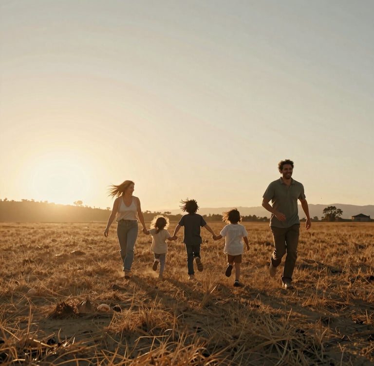 Wide cinematic landscape of a family running through a sun-drenched California field at sunset, wind-blown hair, warm backlighting, 35mm film look