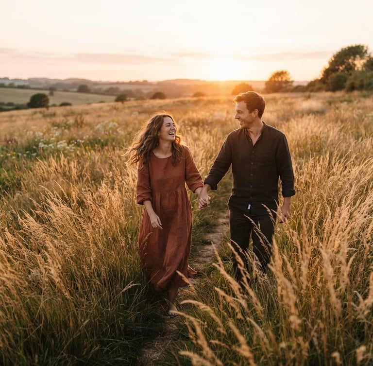 Cinematic wide shot of a couple walking through tall grass at golden hour, warm backlighting, candid laughter, 35mm film look