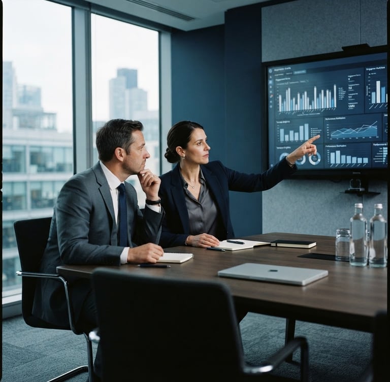 Sober corporate office, sharp focus, professional HR directors reviewing diagnostic charts on a screen, cool daylight, navy and slate tones, 35mm editorial photography