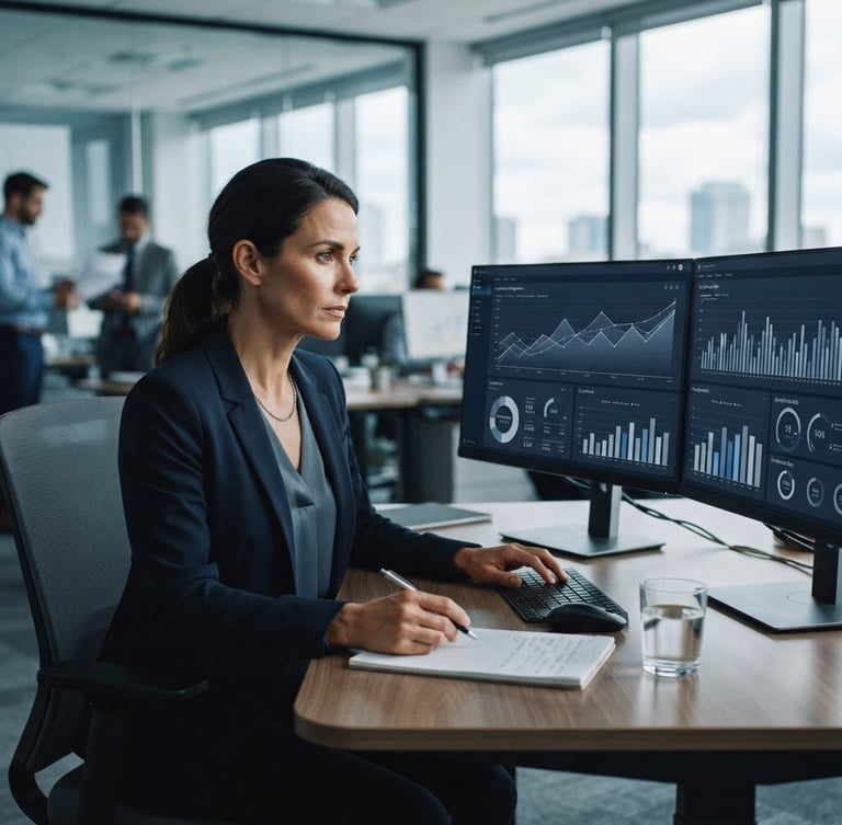 Sober corporate photography, professional compliance officer reviewing legal data charts on a screen, cool natural office daylight, deep navy and slate tones, sharp focus, editorial 35mm