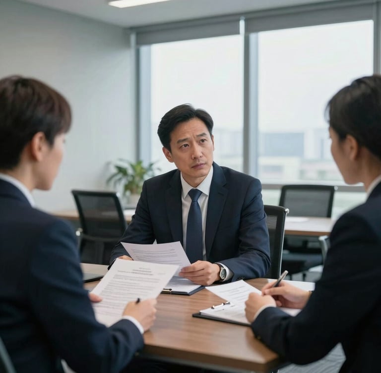 A professional meeting room with a psychologist and a labor lawyer in a serious, collaborative discussion over compliance documents, cool professional lighting, 35mm