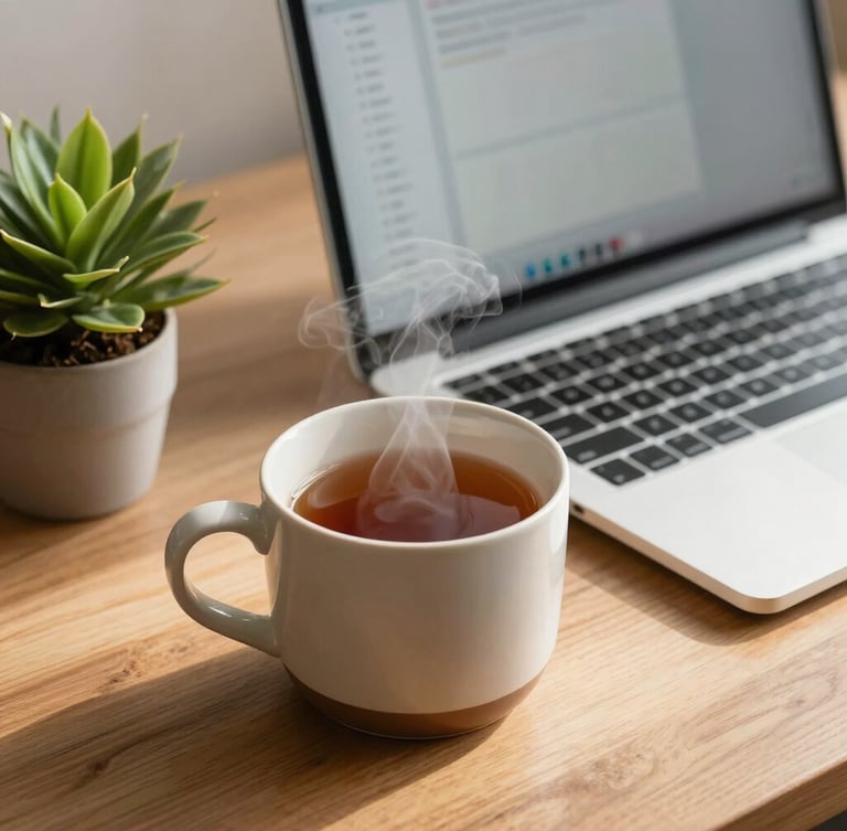 A close-up, warm-toned photograph of a cozy wooden desk in soft morning sunlight. A ceramic mug of steaming tea sits next to a small green plant and a clean, minimalist laptop displaying a simple, beautifully spaced app interface. Soft grain texture, inviting atmosphere.
