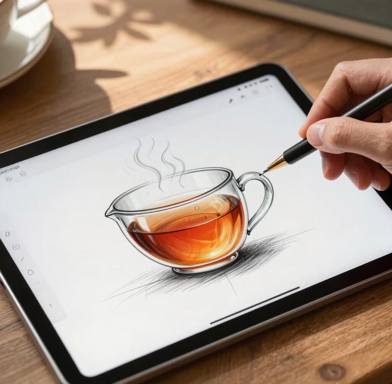 Close-up of a hand-drawn digital interface sketch on a tablet, showing a cozy tea mug timer with steam-rings, soft morning sunlight casting leaf shadows on a wooden table.