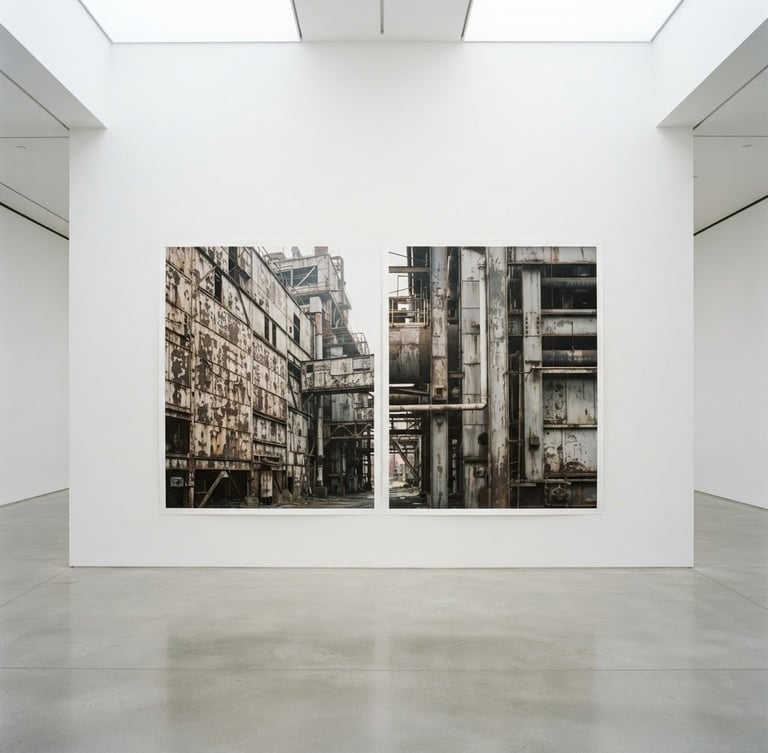 Wide panoramic view of a large-format archival pigment print diptych from the 'Industrial Scars' series, mounted on a clean white gallery wall, soft diffused daylight, straight-on architectural framing.