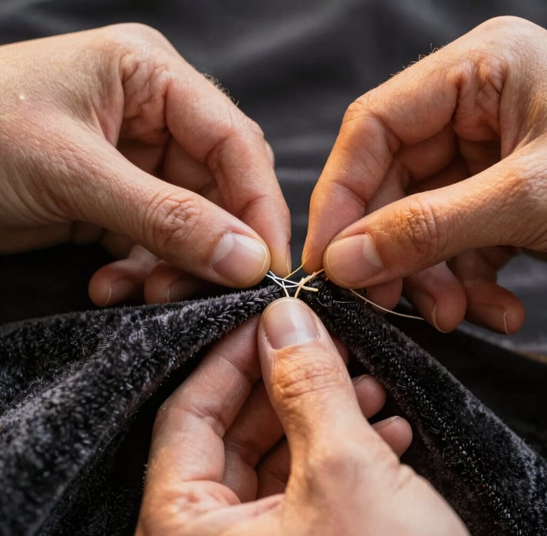 Macro close-up of artisan hands stitching a thick seam on dark charcoal velvet fabric, warm directional golden studio lighting highlighting the thread tension and fabric weave