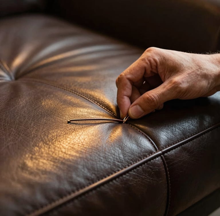Close-up of artisan hands meticulously stitching premium dark leather on a luxury sofa frame, warm gold directional light highlighting the texture of the grain, cinematic depth of field.