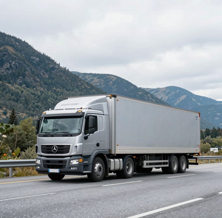 A wide-angle environmental shot of a clean West North transport truck driving on a scenic British Columbia highway under bright overcast daylight, sharp focus