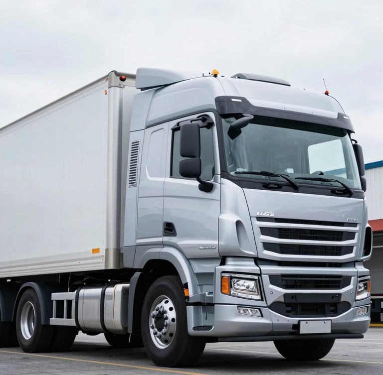 Close-up commercial shot of a clean modern transport truck parked at a bright cargo loading bay in British Columbia, cool silver metallic accents, sharp focus.