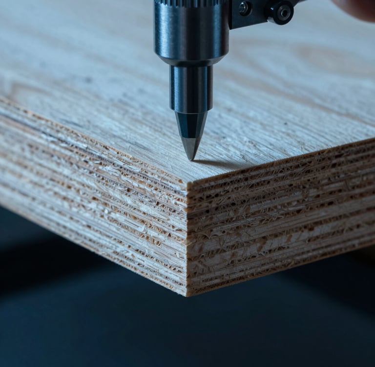 Extreme macro shot of a calibrated micrometer measuring the edge of a multi-layered plywood panel, high-contrast industrial studio lighting, cool blue tones, showing dense wood grain structures and zero-void core.
