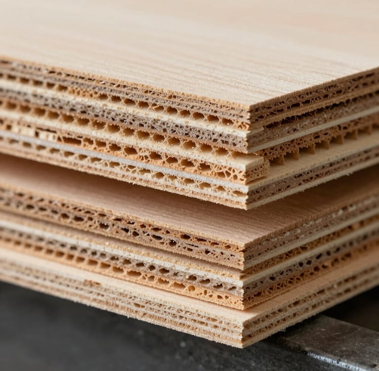 Extreme macro cross-section of a multi-ply wood panel, showing high-density zero-void core layers, cool industrial lighting, sharp focus on calibrated edge tolerances.